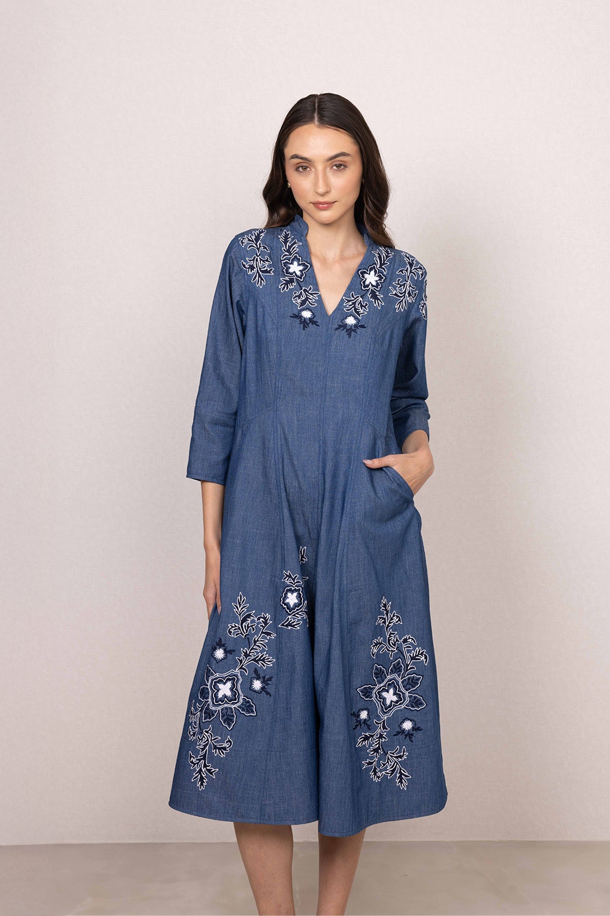Blue Denim Panel Midi Dress for Women with Embroidery – Ranna Gill – Ranna Gill India