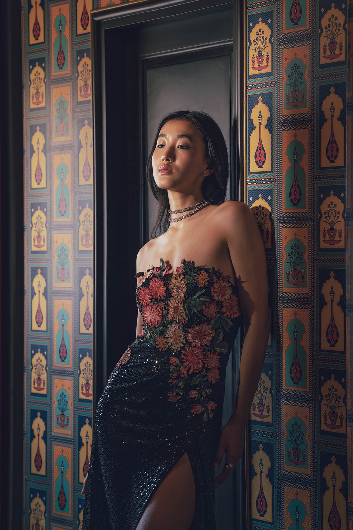 Khushnaz Turner in Minerva High-slit Sequin Gown
