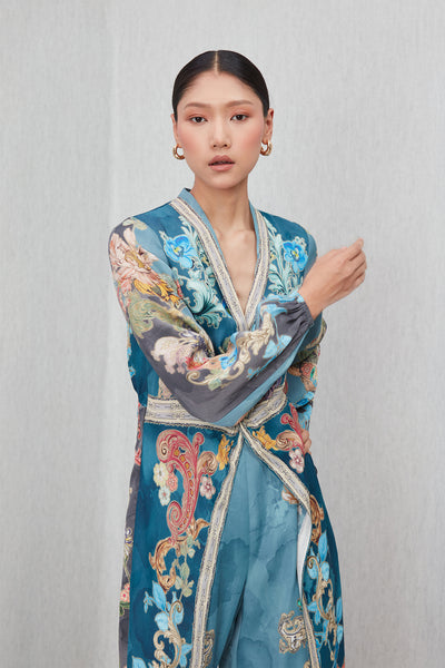 Ranna Gill Aurela Wrap Jumpsuit in Modal Satin Baroque print with wrap silhouette.