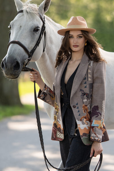 Ranna Gill Irish Horse Print Collection 2025 with designer jackets, pants, jumpsuits, and statement outfits inspired by equestrian motifs