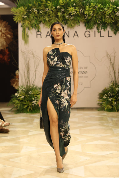 Ranna Gill Verdant Crest Bottle Green Floral Strapless Gown.