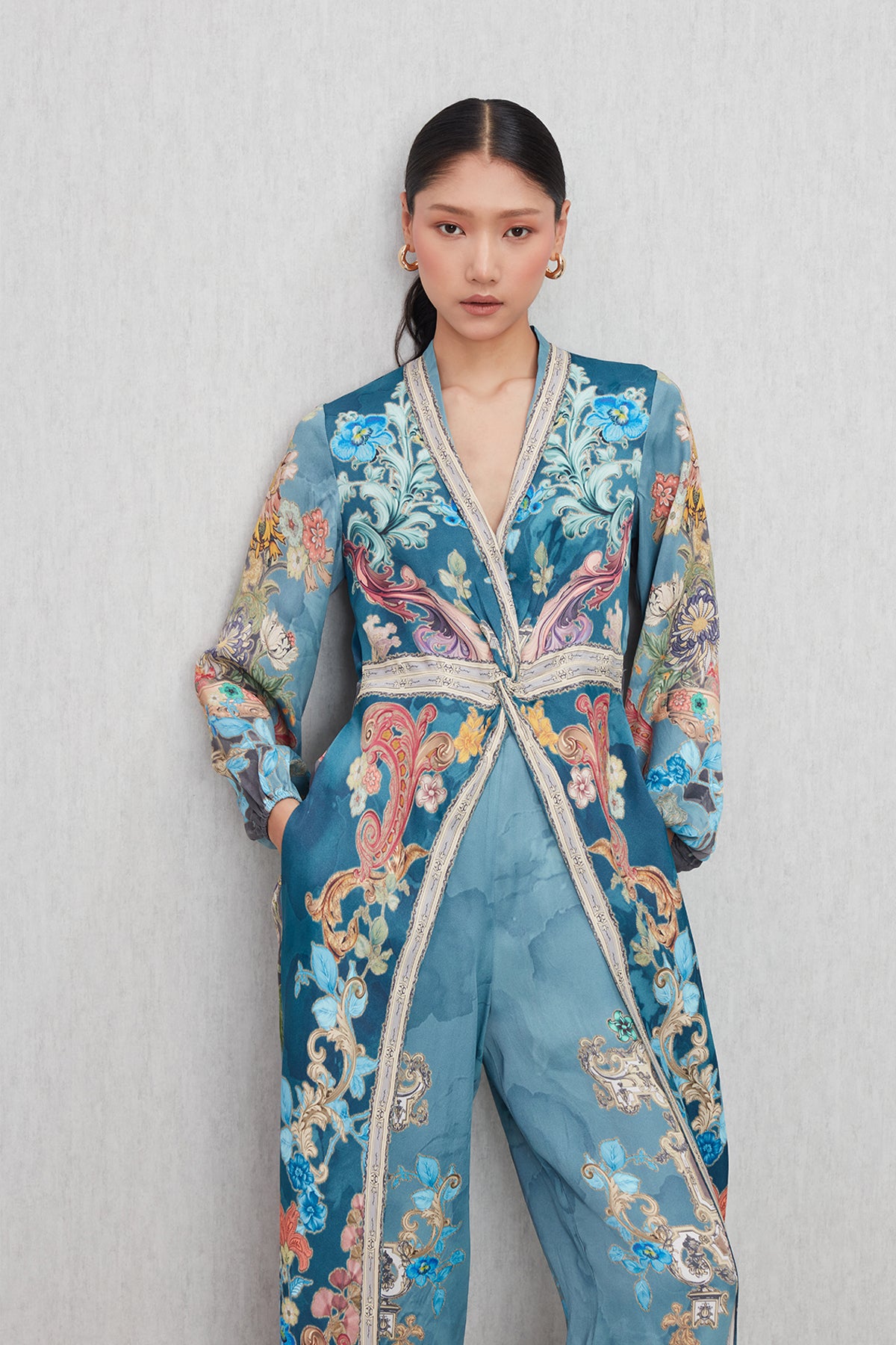 Ranna Gill Aurela Wrap Jumpsuit in Modal Satin Baroque print with wrap silhouette.