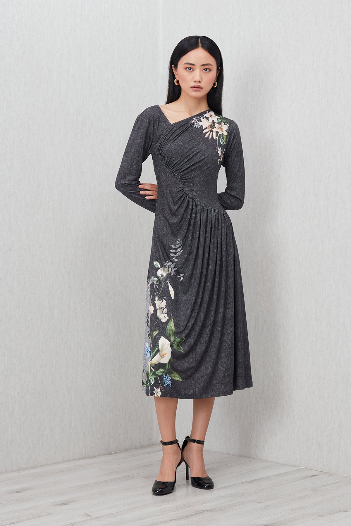 Callen Asymmetric Gathered Midi Dress