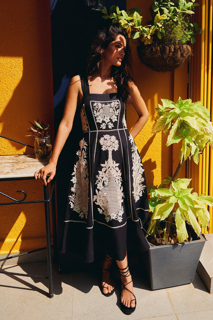 Amara Embroidered Midi Dress –Black Sleeveless Floral by Ranna Gill – Ranna  Gill India
