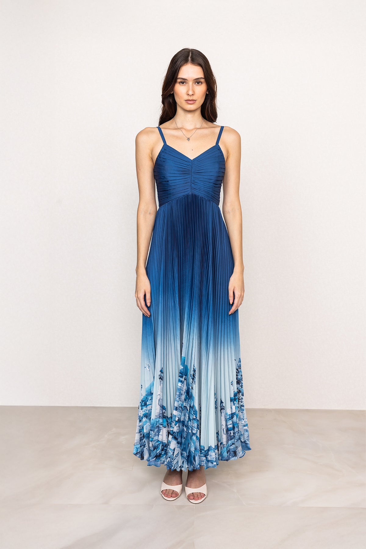 blue ombre pleated satin maxi dress SAU LEE Nova Satin Gown, Blue Ombre