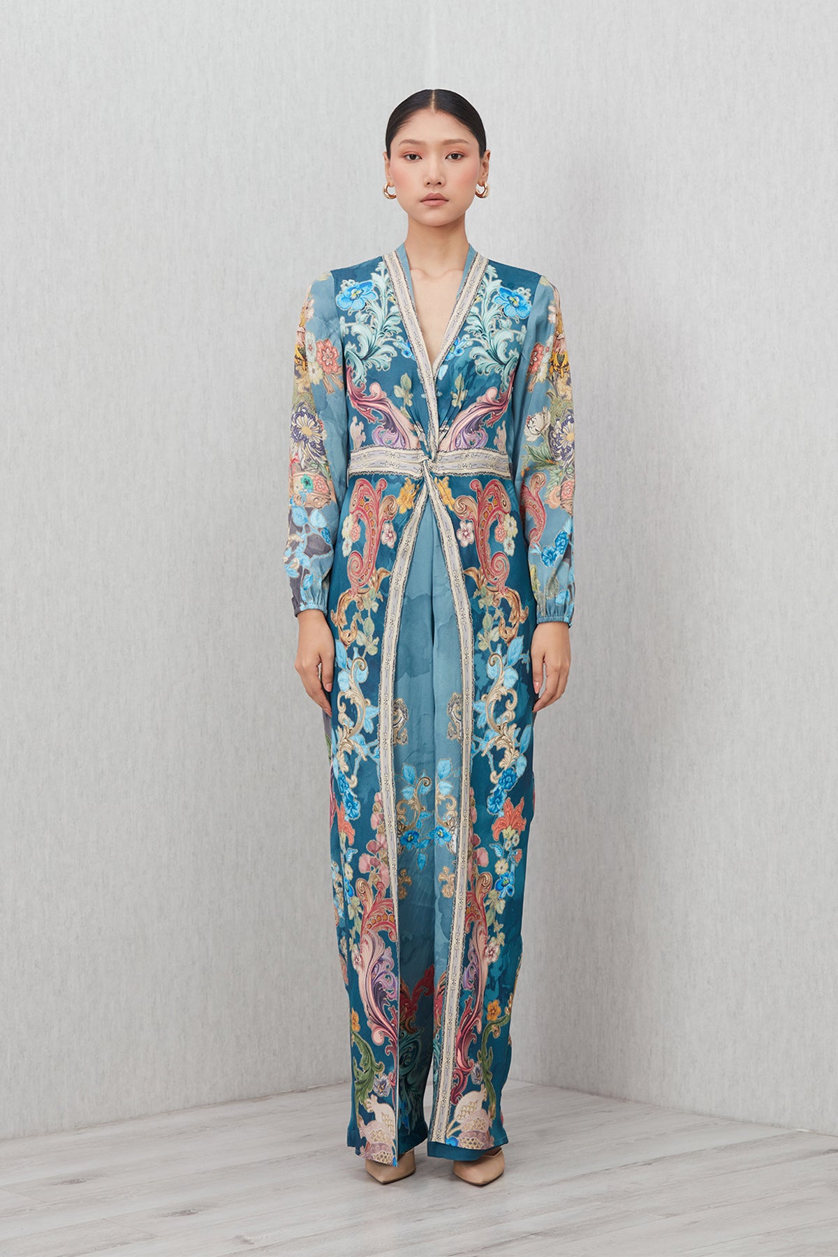 Ranna Gill Aurela Wrap Jumpsuit in Modal Satin Baroque print with wrap silhouette.