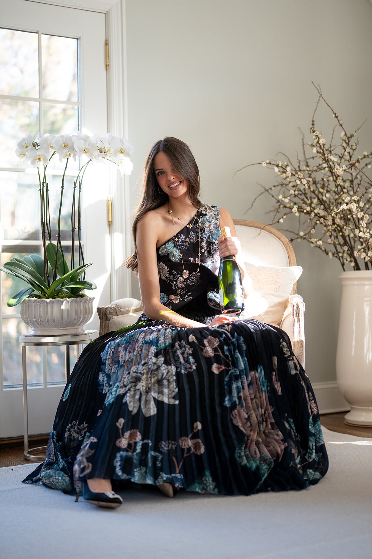 Ranna Gill black-blue ombre one shoulder pleated gown.