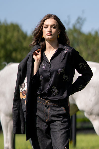 Ranna Gill Lyla Buttondown Shirt in black crinkle chiffon with crystal-studded horse embroidery.