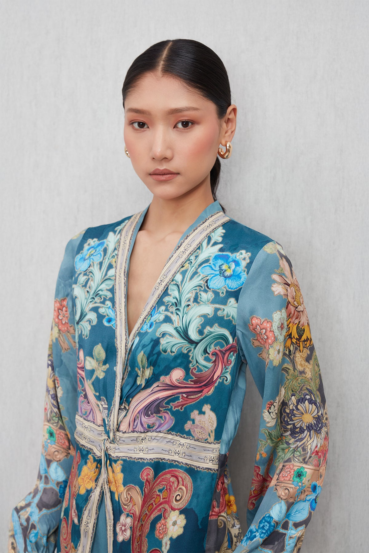Ranna Gill Aurela Wrap Jumpsuit in Modal Satin Baroque print with wrap silhouette.