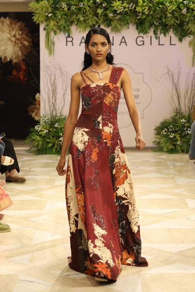 Ranna Gill Eloria Maroon One-Shoulder Crepe Evening Gown.