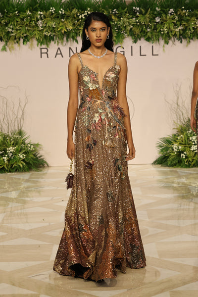 Ranna Gill Stardrift Rust Gold Sequin V-Neck Gown.