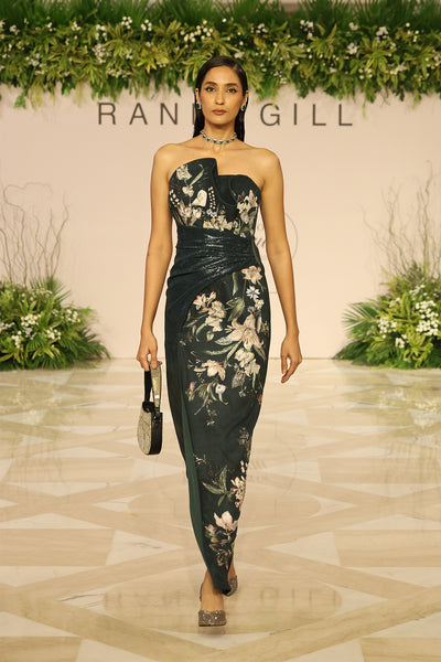 Ranna Gill Verdant Crest Bottle Green Floral Strapless Gown.