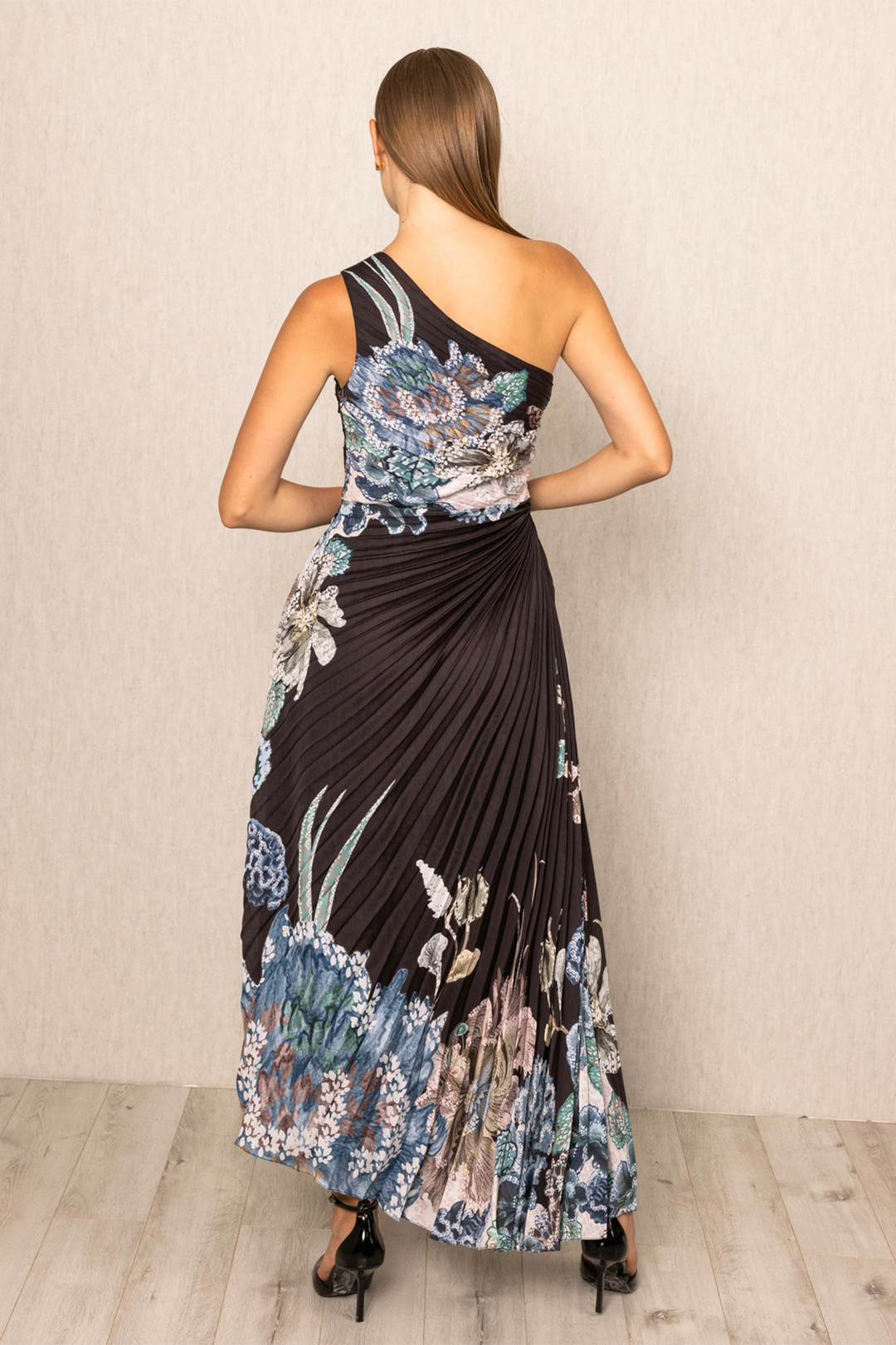 Amelia Asymmetric Pleated Dress | Designer Black Blooms By Ranna