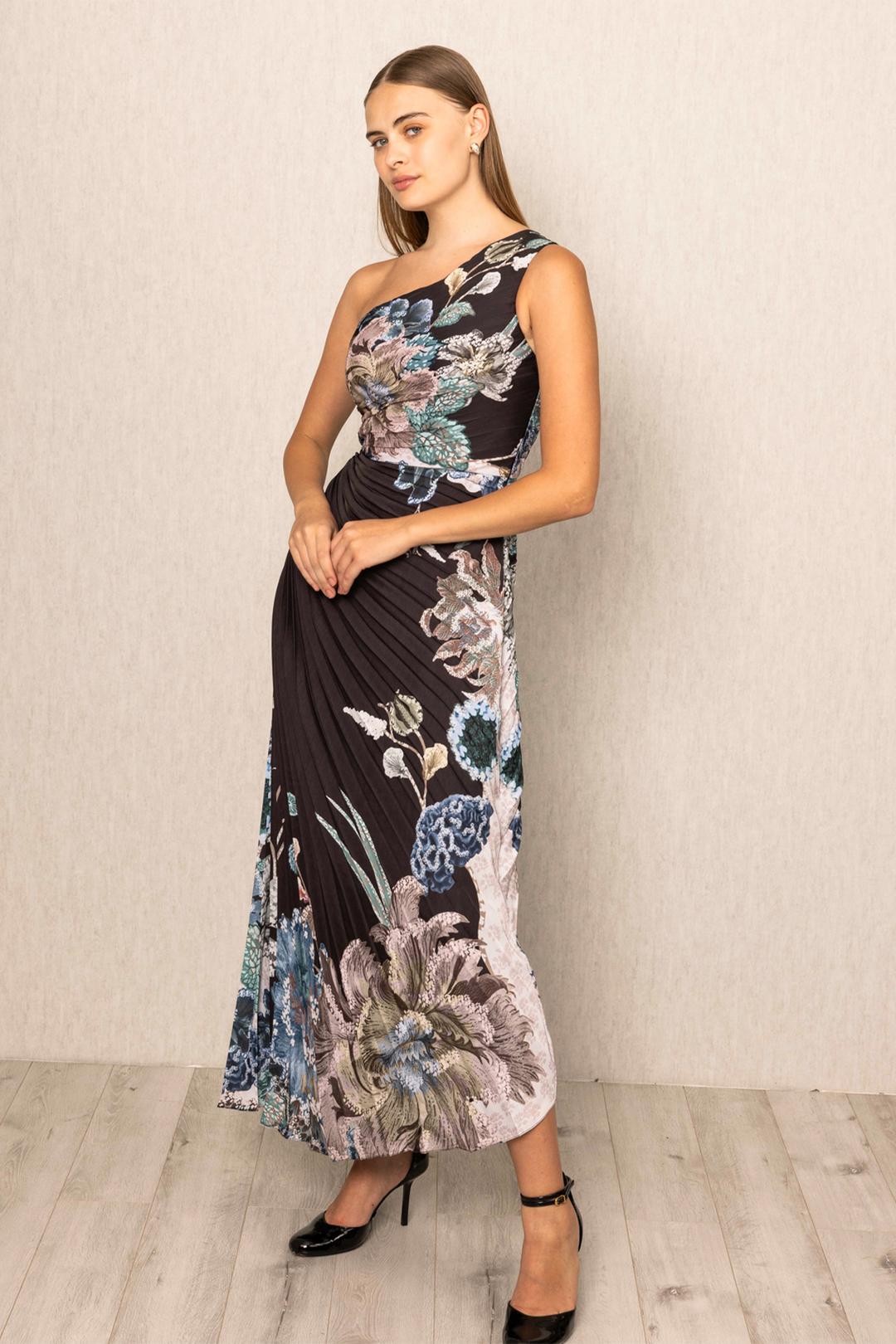 Amelia Asymmetric Pleated Dress | Designer Black Blooms By Ranna