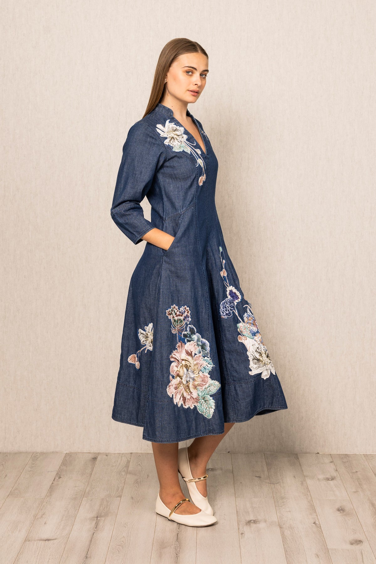 Zia Panel Midi Designer Dress in Blooms Denim