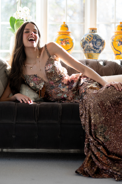 Ranna Gill Stardrift Rust Gold Sequin V-Neck Gown.