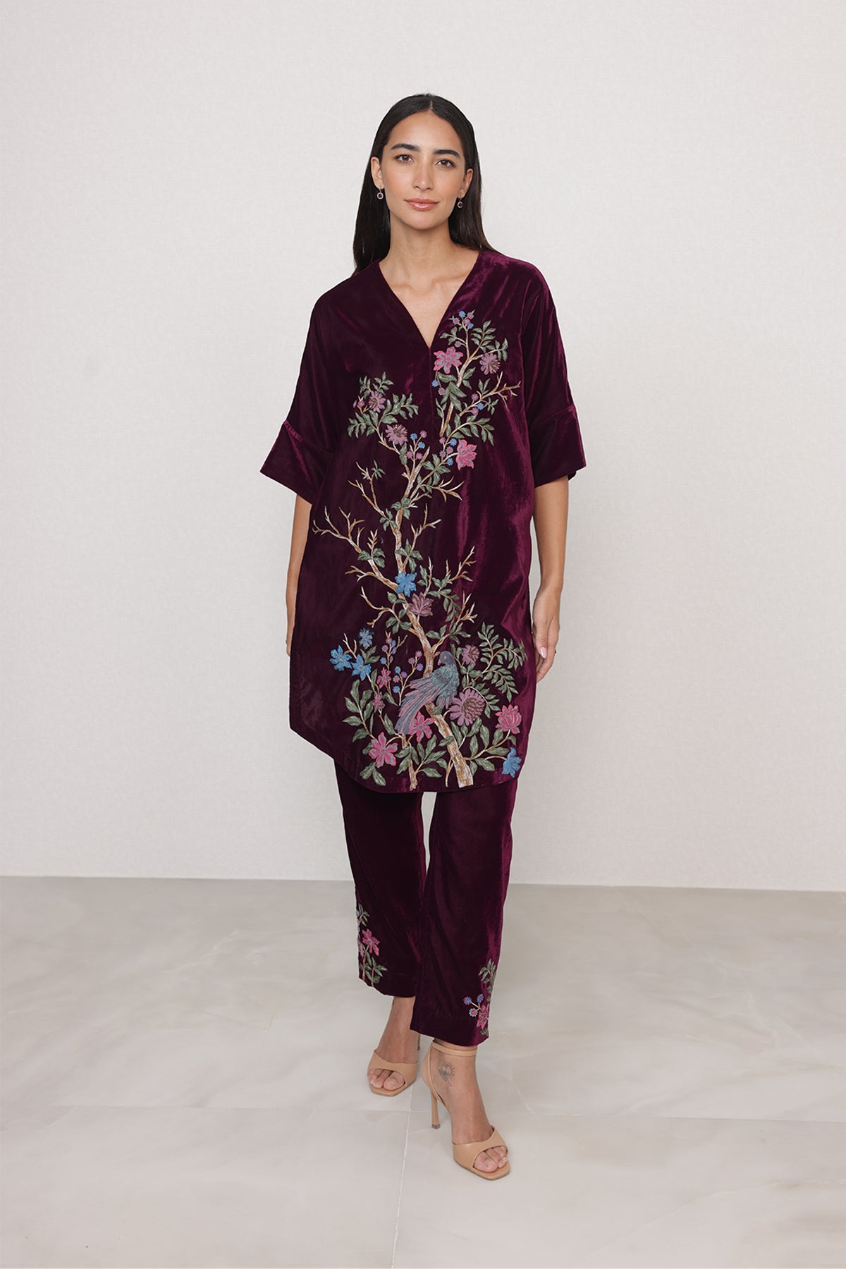 Ranna Gill Montevia Tunic Set in oxblood velvet with bird & floral embroidery.