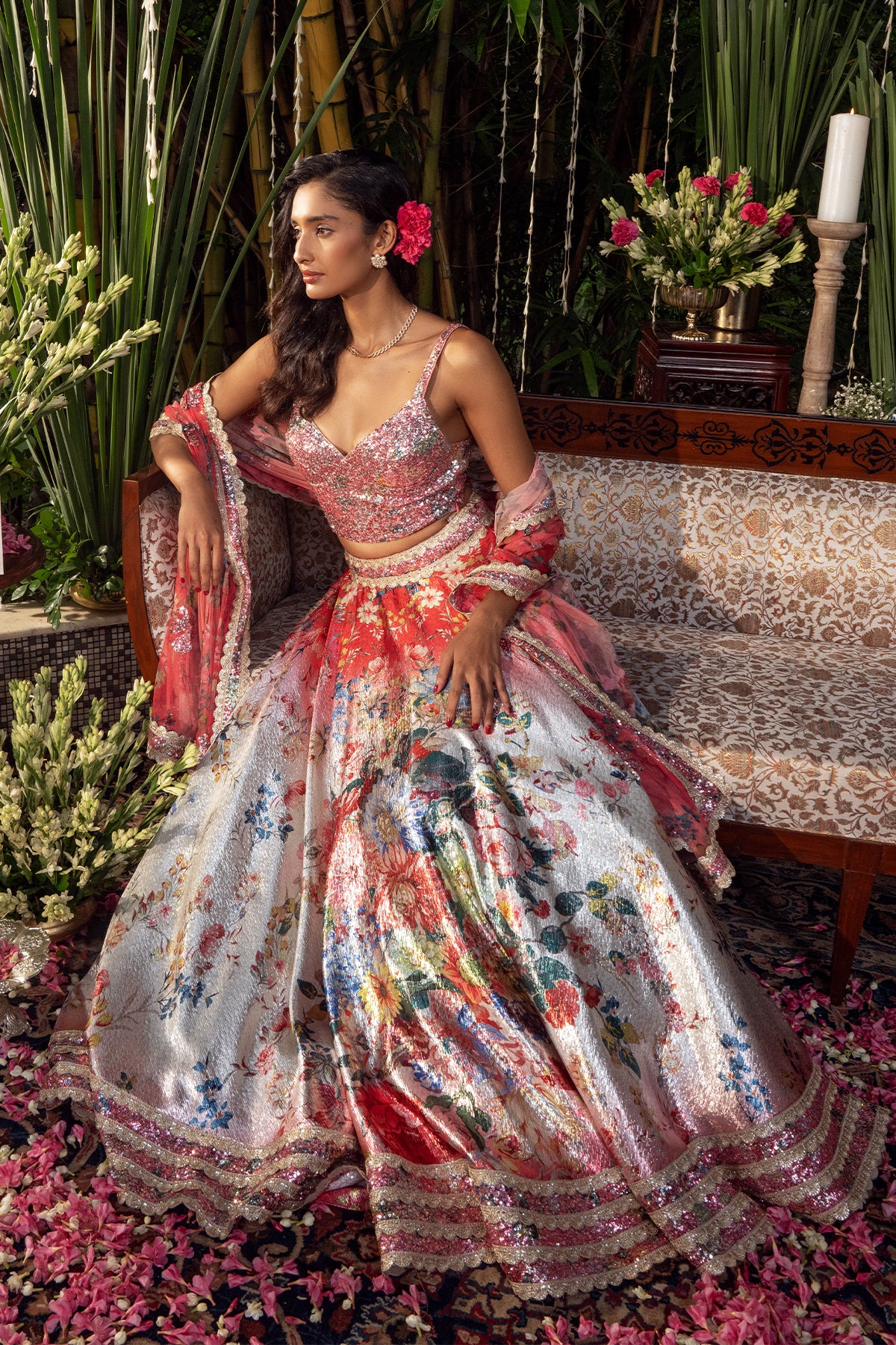 Iridiana Sequin Bustier and Floral Lehenga Set