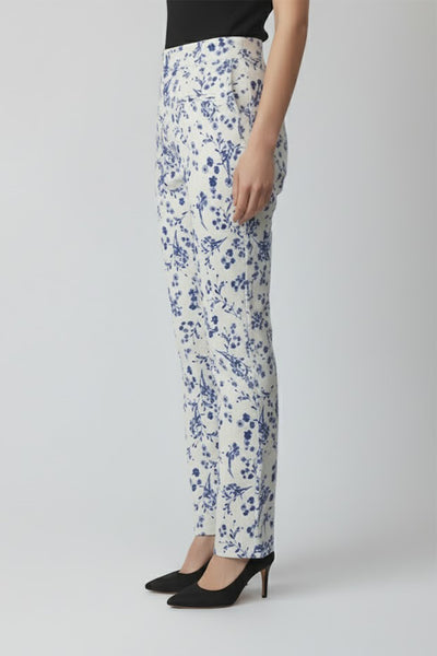 Ranna Gill Blue floral printed viscose linen white pants.