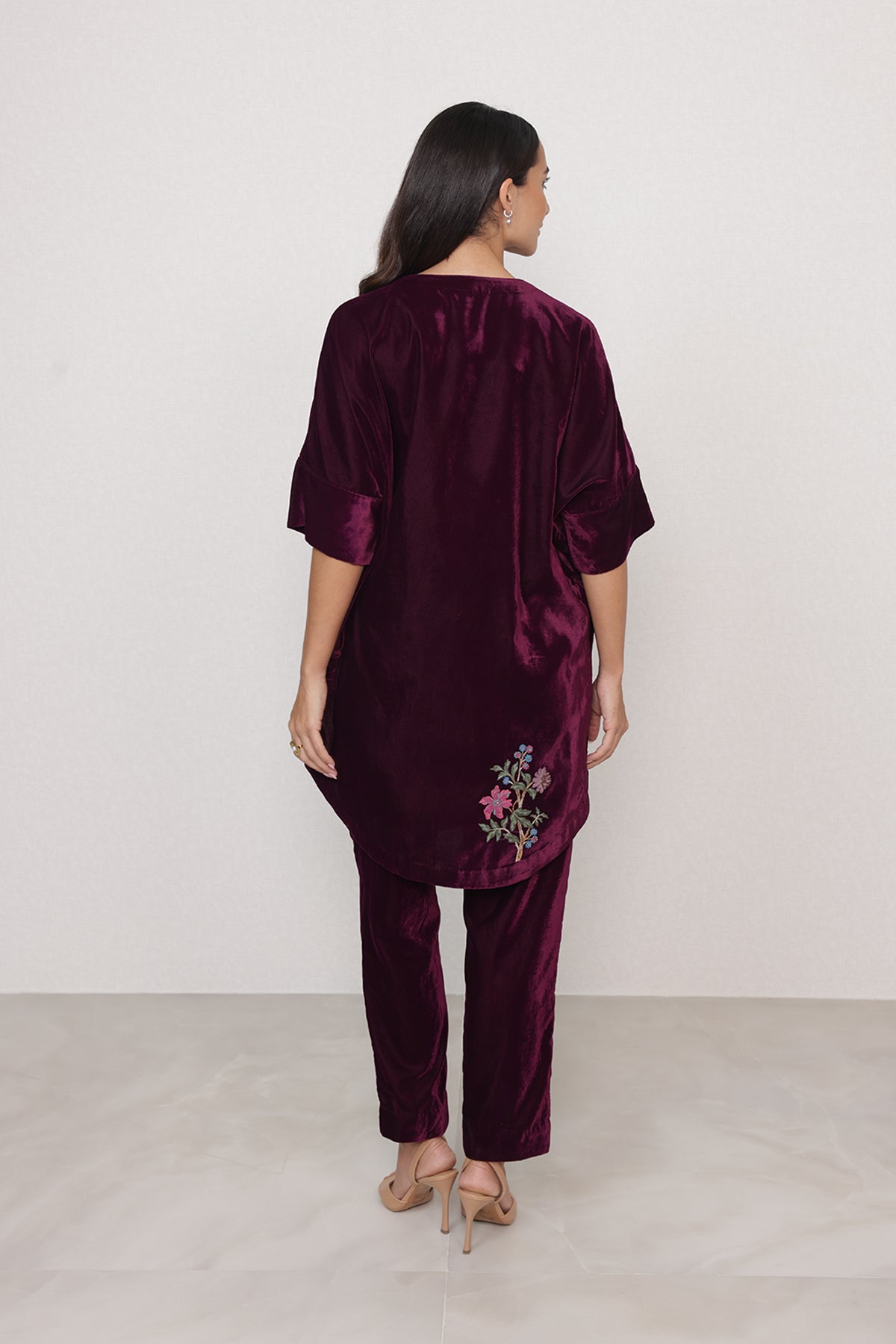 Ranna Gill Montevia Tunic Set in oxblood velvet with bird & floral embroidery.