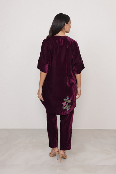 Ranna Gill Montevia Tunic Set in oxblood velvet with bird & floral embroidery.