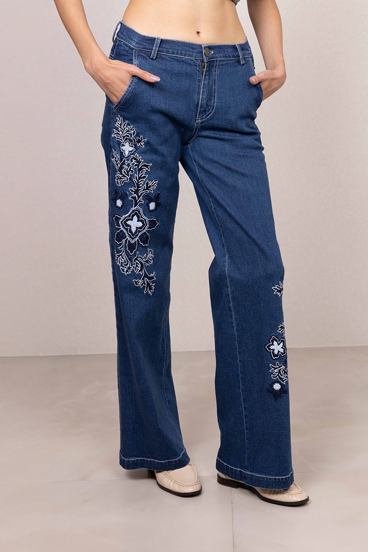 Blue Wide Leg Denim Pants with Floral Embroidery for Women | Ranna
