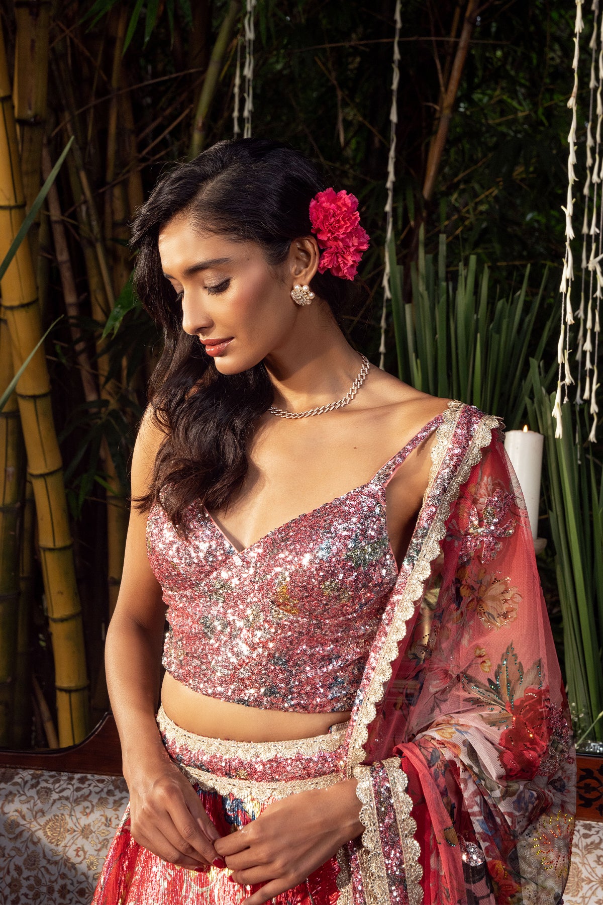 Iridiana Sequin Bustier and Floral Lehenga Set