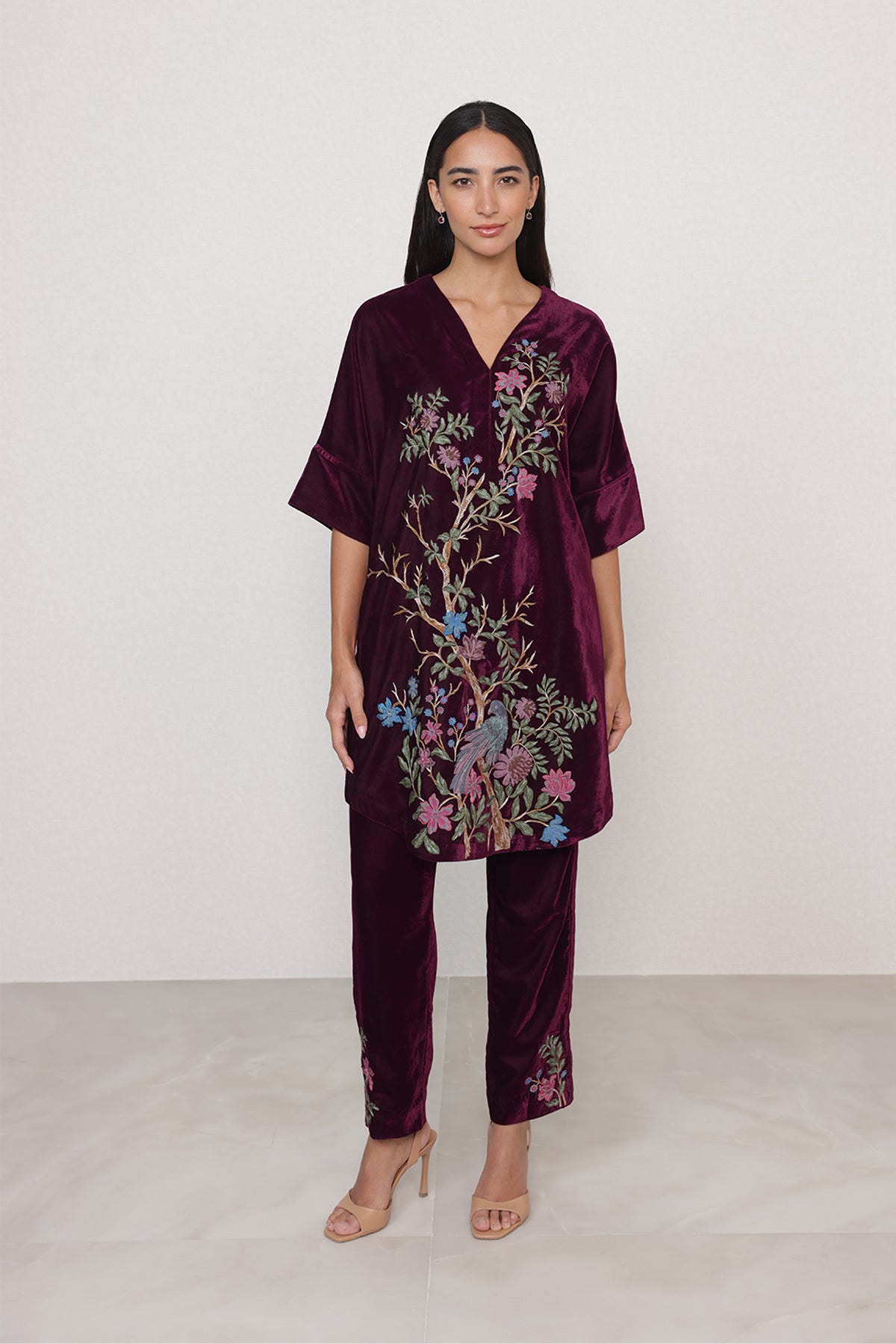 Ranna Gill Montevia Tunic Set in oxblood velvet with bird & floral embroidery.