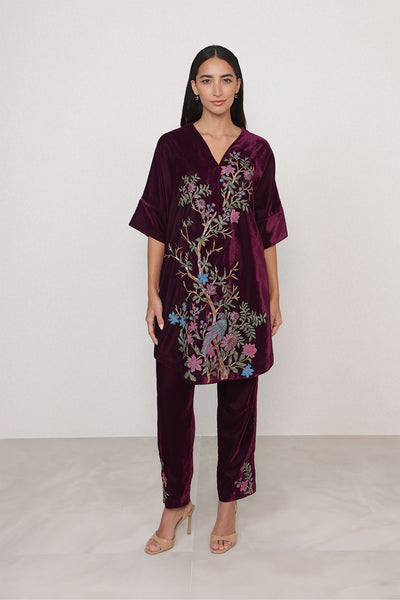 Ranna Gill Montevia Tunic Set in oxblood velvet with bird & floral embroidery.