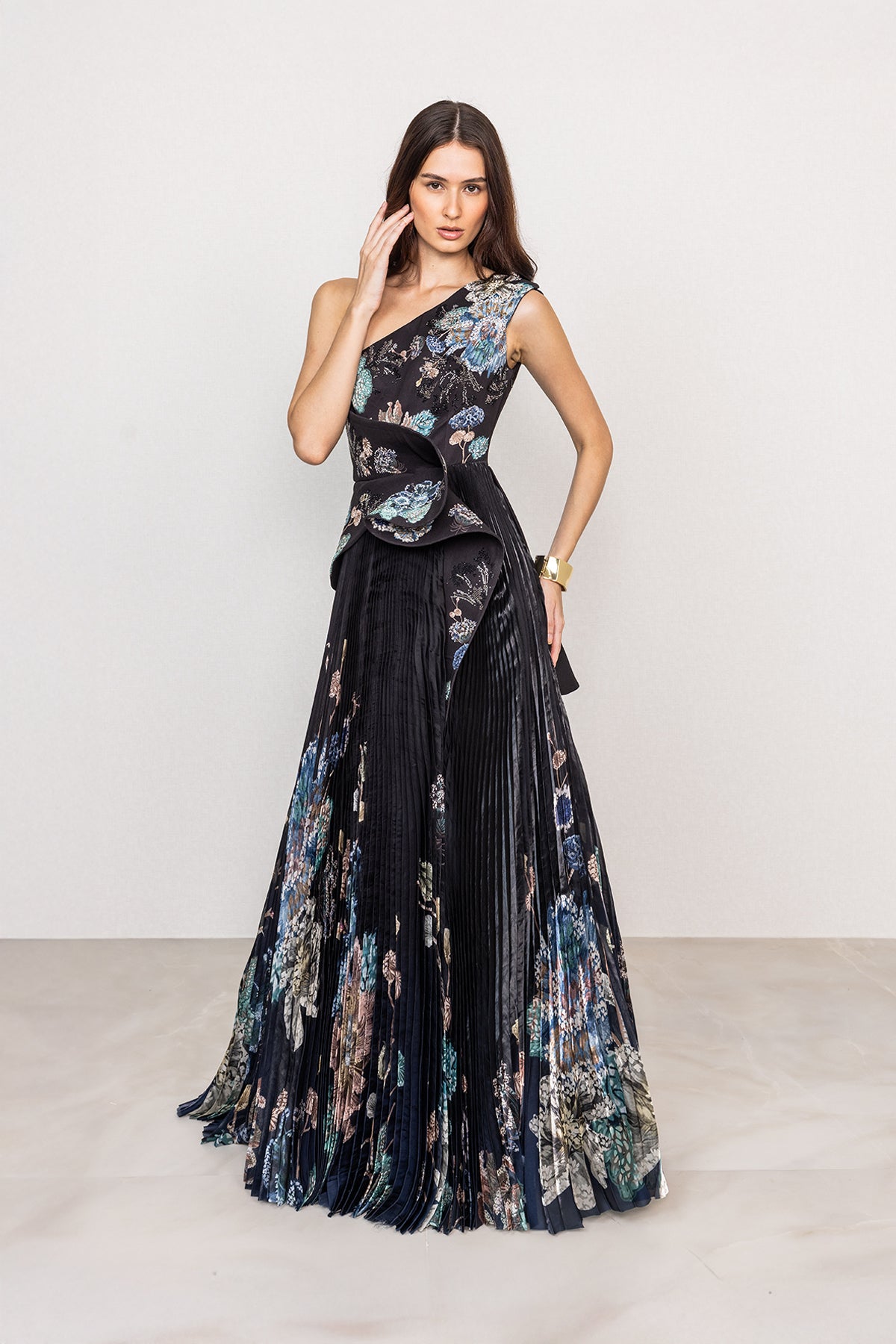 Selesta One-Shoulder Pleated Gown