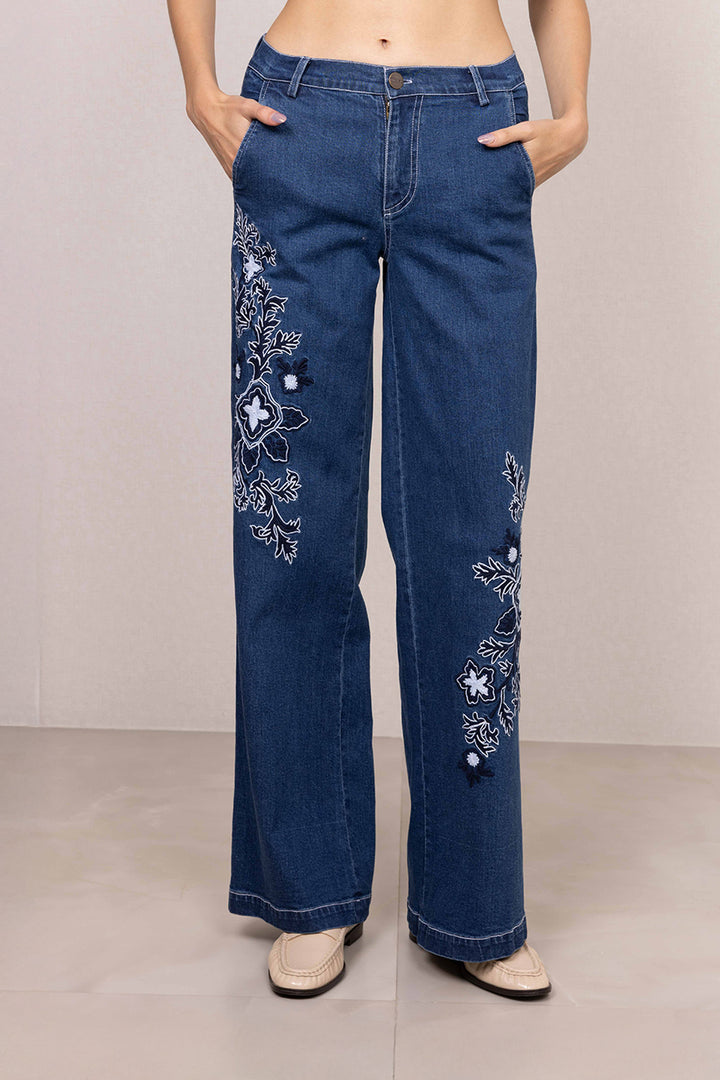 GAULTIER JEANS 花柄スラックス ブルー Blue Wide Leg Denim Pants with Floral Embroidery for Women | Ranna
