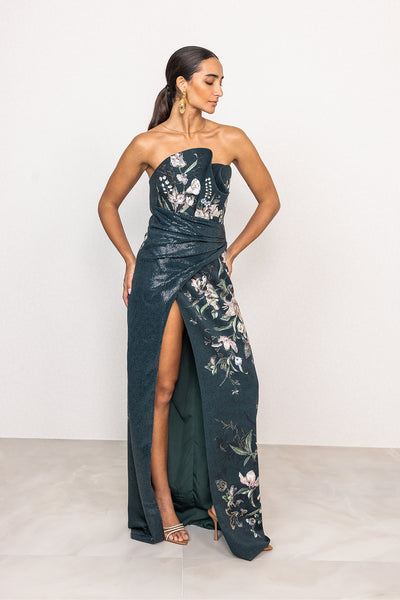Verdant Crest Strapless Gown