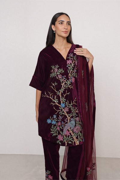 Ranna Gill Montevia Tunic Set in oxblood velvet with bird & floral embroidery.