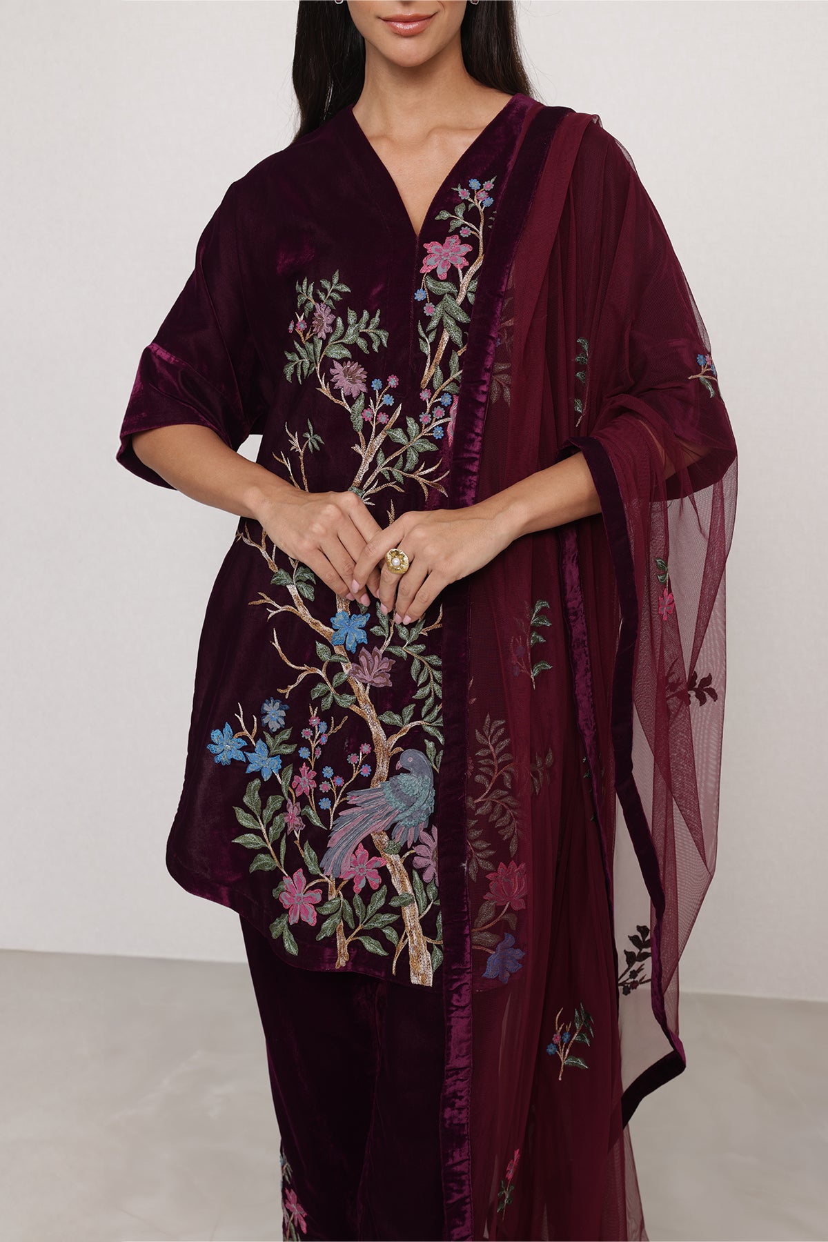 Ranna Gill Montevia Tunic Set in oxblood velvet with bird & floral embroidery.