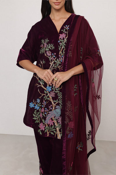 Ranna Gill Montevia Tunic Set in oxblood velvet with bird & floral embroidery.