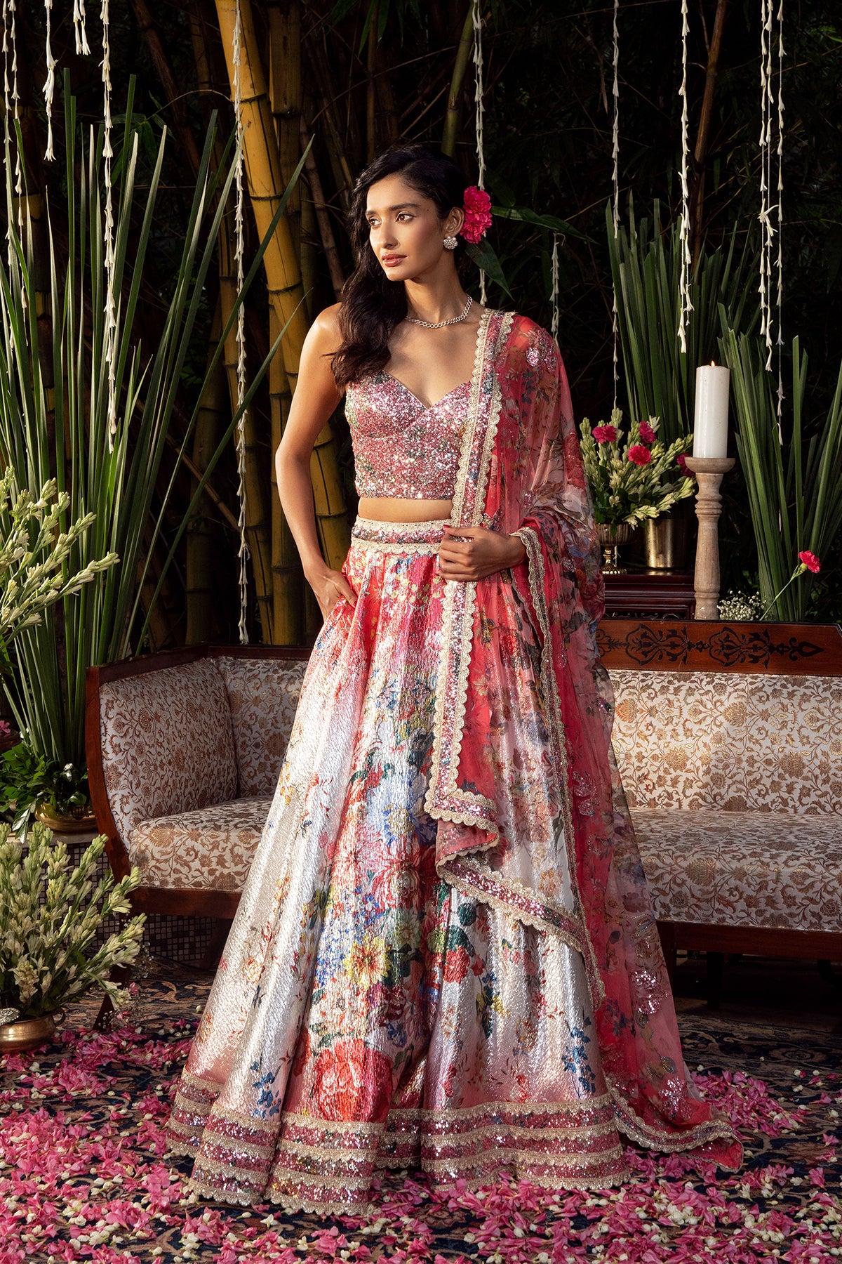 Iridiana Sequin Bustier and Floral Lehenga Set