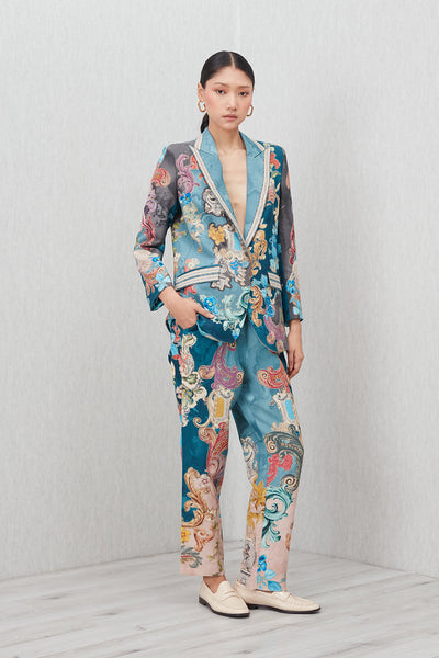 Ranna Gill Elaris Notch Collar Jacket in linen viscose Baroque print with sharp lapels and pockets.