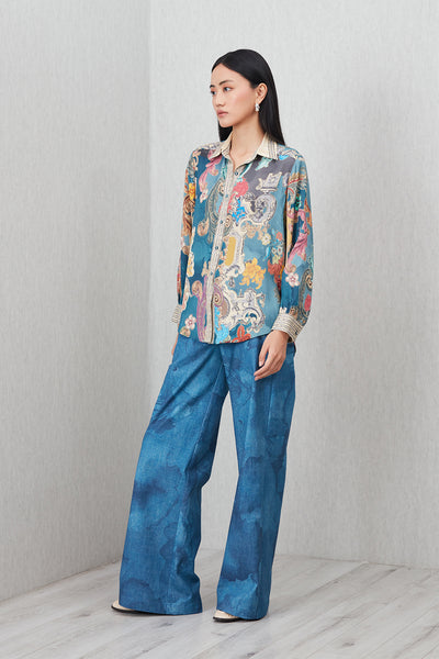 Ranna Gill Dorelle Baroque Print Buttondown Shirt in satin with contrast collar and embroidered borders