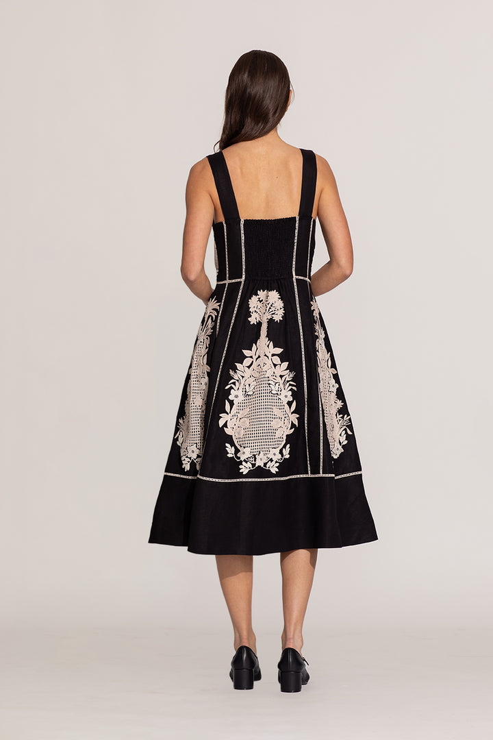 Amara Embroidered Midi Dress –Black Sleeveless Floral by Ranna Gill – Ranna  Gill India