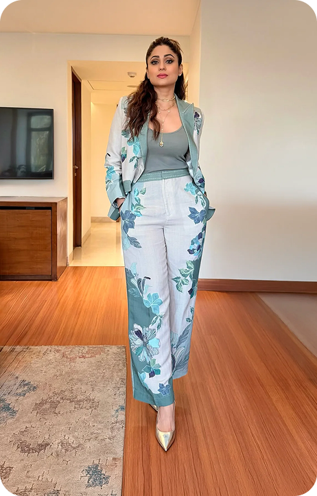 Shamita Shetty In Rae Knotch Collar Jacket and Pants