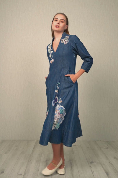 Ranna Gill Zia Panel Midi Dress in Navy Blooms denim with floral embroidery.